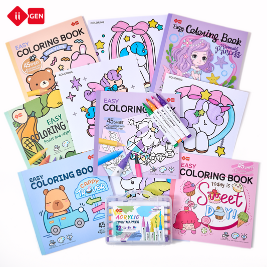iiGEN Coloring Book Bundle：Choose 2 coloringbook + 12-colour Marker Pen Set,Premium Thick Paper,Cozy Anxiety Relief Art Kit,Relaxing Gift for Adults & Teens,Great gifts for goodie bags